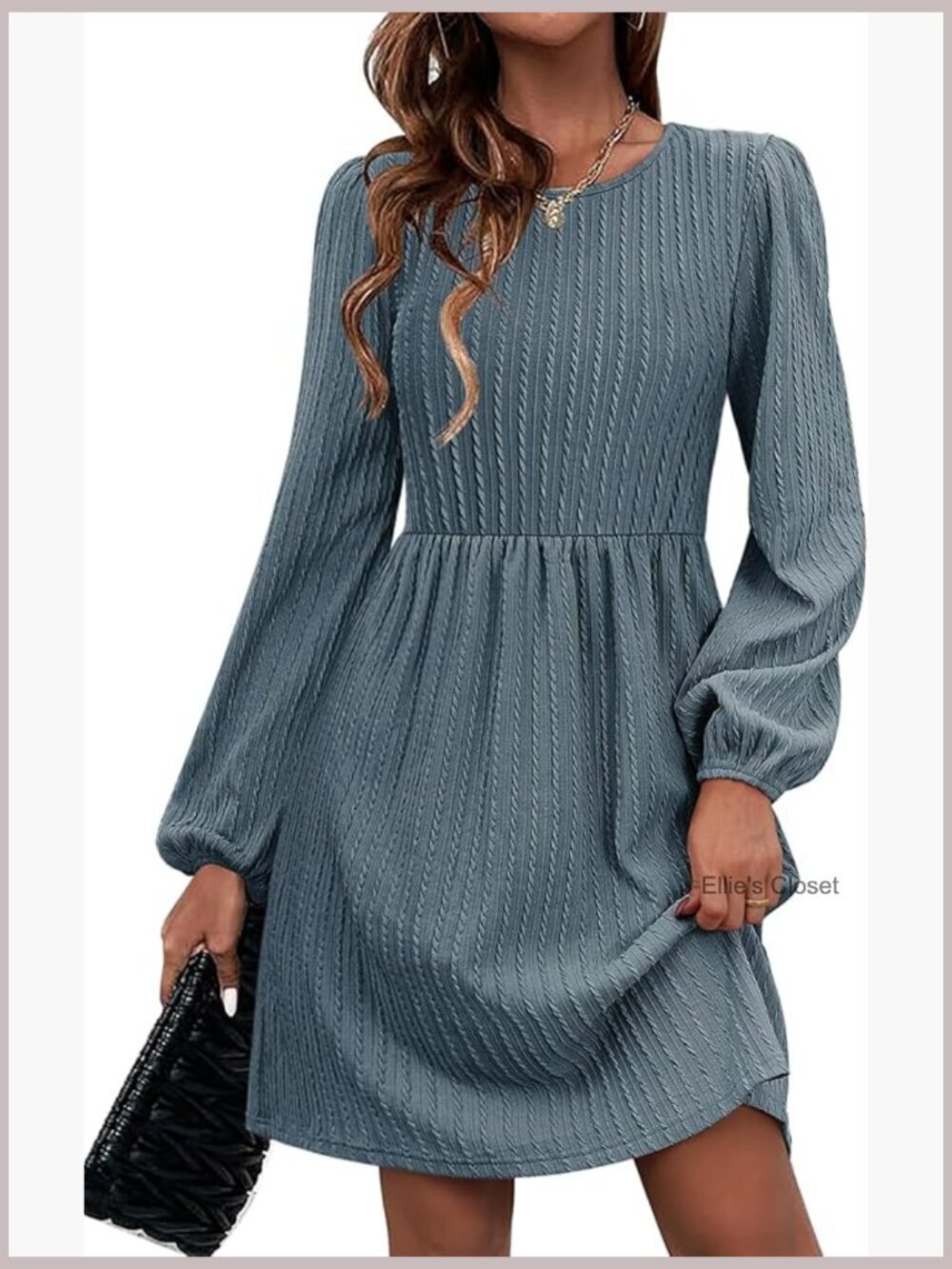 Women's Long Sleeve A-Line Dress with Pockets Crew Neck Fall Winter Knee-Length